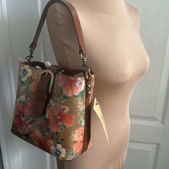 Patricia Nash Irving Bucket Handbag Leather Disstress Apricot Blsms Crossbody - Picture 4 of 9